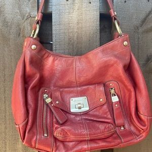 B Makowsky Red Leather Shoulder Bag Handbag Zippers, Studs